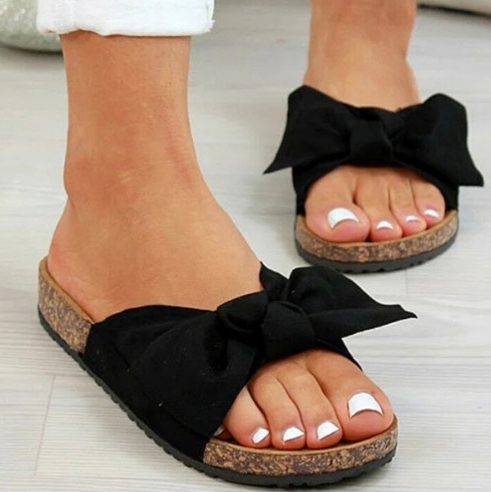 Black Velvet Bow Cork Heel Slip-On Sandals EU 39 - Picture 4 of 15